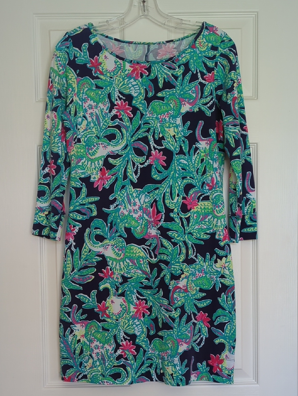 Lilly Pulitzer Navy Green Pink Floral 3/4 Sleeve Cotton Knit Mini Dress